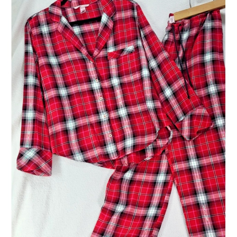 Victoria's Secret Plaid‎ Pajama Set Small Long Sleeve Button Up Shirt Pants Red